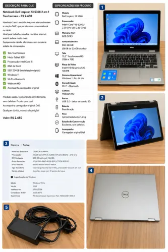 Notebook Dell  com tela touchscreen e função tablet