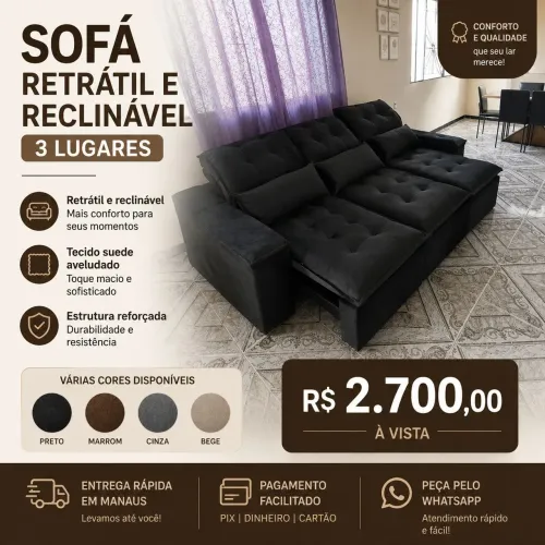 Sofá retrátil e reclinável 3 lugares pronta entrega