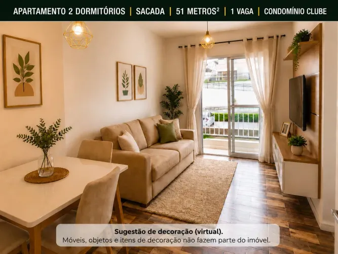 Apartamento 2 quartos - Sacada - 51 mts - 1 vaga - Condomínio Clube