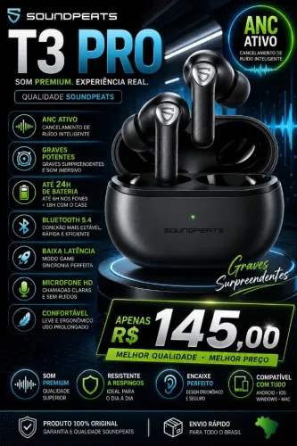 ? SOUNDPEATS T3 PRO ? (ANC - ATIVO) Com Cancelamento de Ruído Ativo ?