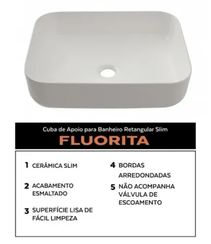 Cuba de Apoio Slim Retangular para Banheiro Louça Cerâmica 50,5x39,5cm Fluorita