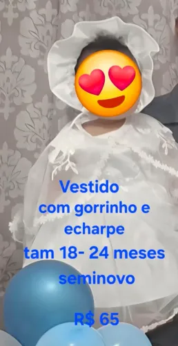 VESTIDO BRANCO PARA BATIZADO, ANIVERSÁRIO COM GORRO E ECHARPE SEMI NOVO