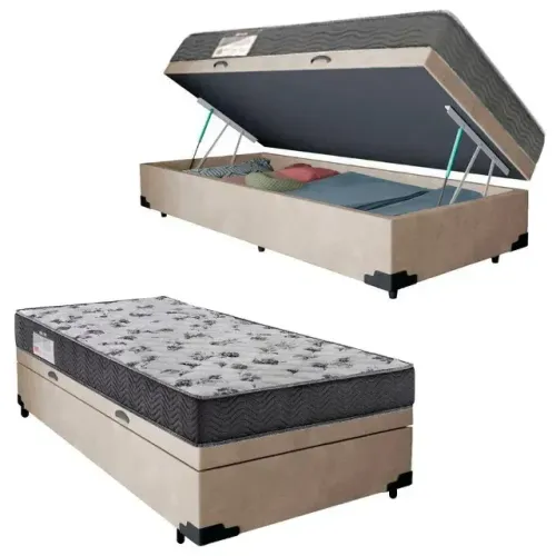 Kit Cama Base Baú Bege + Colchão Solteiro D20