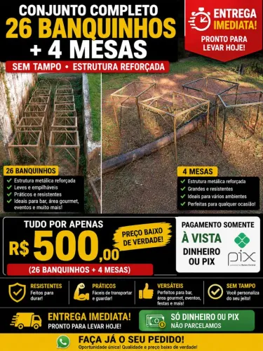 26 Banquinhos + 4 Mesas de Ferro Reforçadas - Conjunto Completo