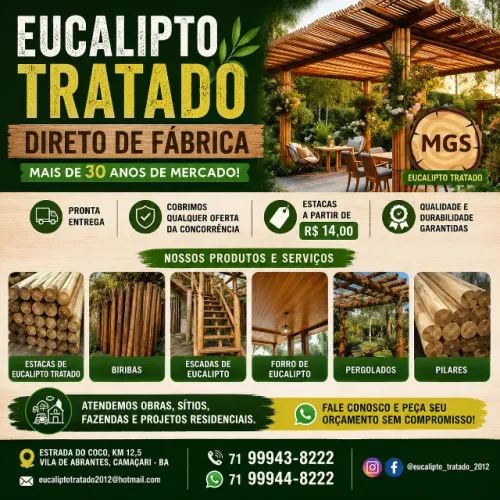 Eucalipto Tratado Direto de Fábrica | Estacas a partir de R$ 14 | Entrega Imediata