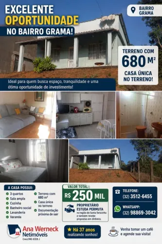 NÃO ACEITA COMPRA ASSISTIDA! ÓTIMA CASA NO GRAMA 3QTOS TERRENO C/ 680m2 R$ 250mil