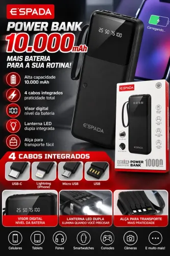POWER BANK E?SPADA 10.000mAh ? 4 CABOS INTEGRADOS!