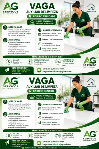 Vaga: Auxiliar de Limpeza - Bairro Trindade e Bairro Centro | Florianópolis/SC