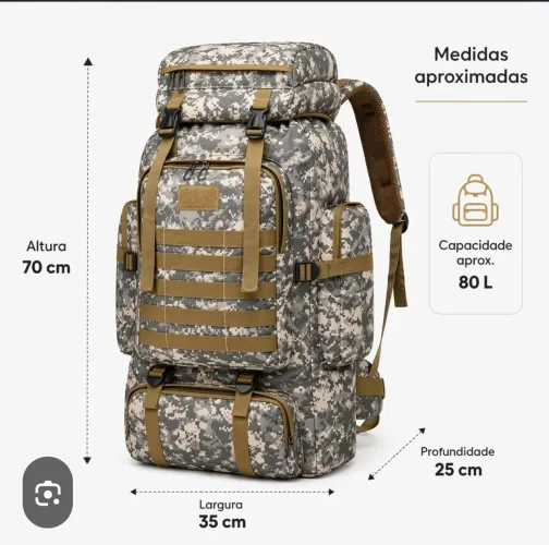 Mochila cargueira camuflada capacidade entre 70 e 80 litro