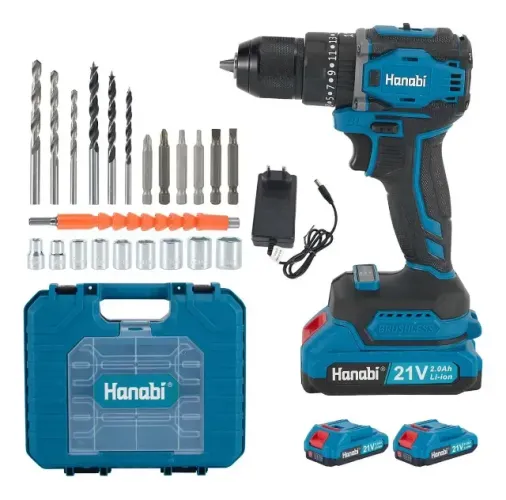 Parafusadeira Furadeira de Impacto Hanabi Brushless Sem Escova 45NM 21v 2 Baterias
