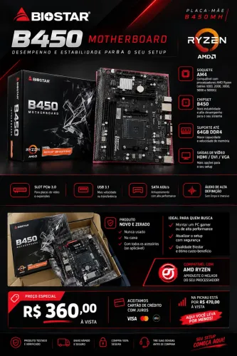 Placa Mãe Biostar B450MH AM4 Ryzen DDR4 Nova na Caixa
