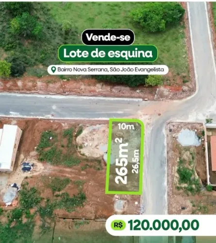 Vende se lote de esquina com 265m² bairro nova serrana São João Evangelista