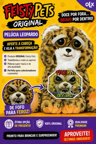 ? Feisty Pets Leopardo Original - Pelúcia que Muda de Expressão!