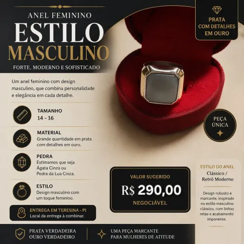 Anel Feminino com Estilo Masculino - Prata com Detalhes em Ouro