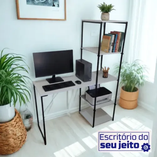 Mesa de Estudo NOVA Escrivaninha com Estante Multiuso Industrial Notebook Escritório Gamer