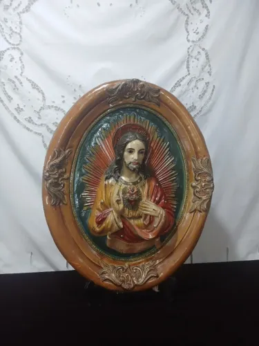 Antigo Quadro Sagrado Coração De Jesus De Gesso