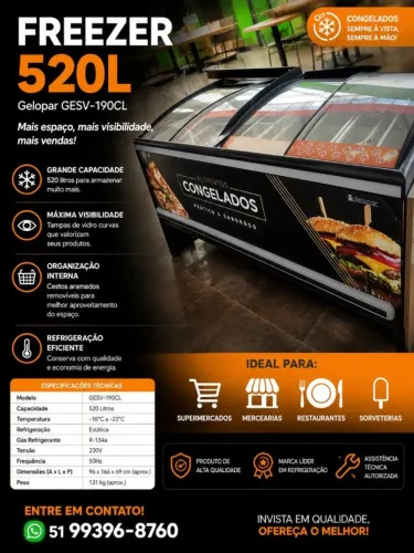 Freezer Expositor Gelopar 520L | Tampa de Vidro Curva | Excelente Estado