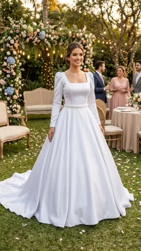 Vestido de Noiva Minimalista Com botão Decote Quadrado