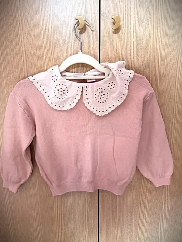 Suéter Infantil Zara de Tricô Rosa com Gola Bebê Bordada