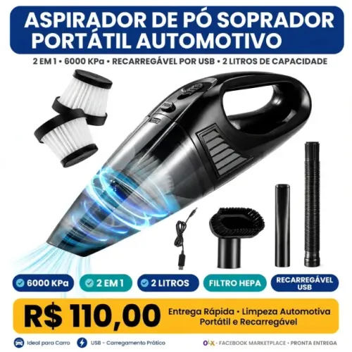 Aspirador de Pó Soprador Portatil Automotivo 6000 KPa Recarregável por USB Portátil de Mão