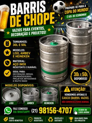 Venda de barril vazio somente o casco de 30 e 50 litros liso para Chopp artesanal, ambev,