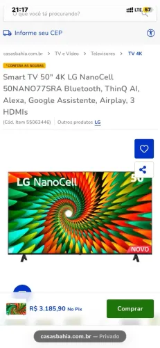 Smart TV 50" 4K LG NanoCell 50NANO77SRA Bluetooth, ThinQ AI, Alexa, Google Assistente, Air