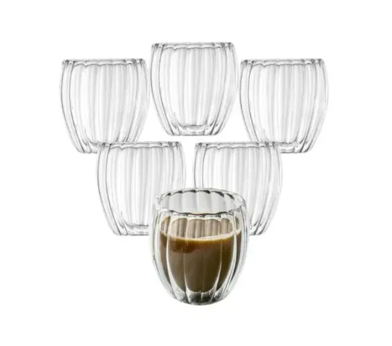 Conjunto de 6 Copos de Café com Parede Dupla Canelada Vidro Borossicalato - 90 ml