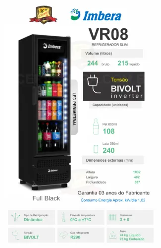 Refrigerador Expositora Slim Porta de Vidro Metalfrio VB28 All Black (324 litros) Garan