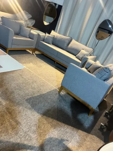 Sofá Fixo com 2 poltronas no tecido linho cinza