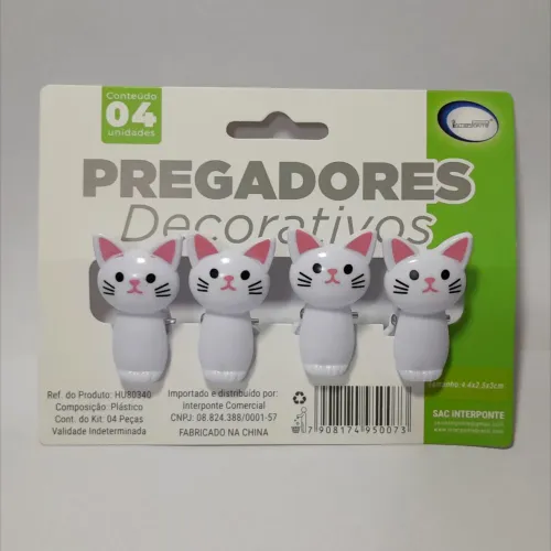 PREGADORES DECORATIVOS NO FORMATO DE GATINHO. CADA PAGOTE 4 PEÇAS. NOVO
