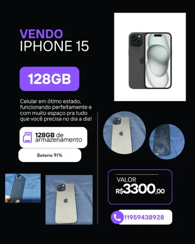 Iphone 15 preto 128gb 91% de bateria