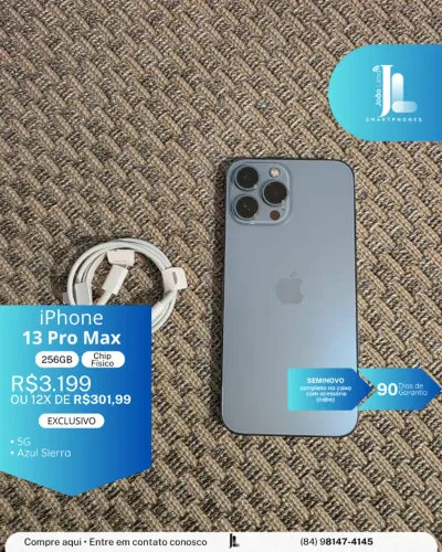 IPHONE 13 PRO MAX, 5G, 256GB, CHIP FÍSICO, AZUL SIERRA, SEMINOVO, EXCLUSIVO!