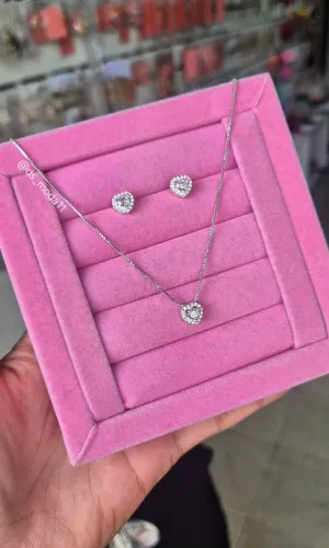 Conjunto Prata 925 LUXO Colar Brincos Coração com Zircônia dia dos namorados