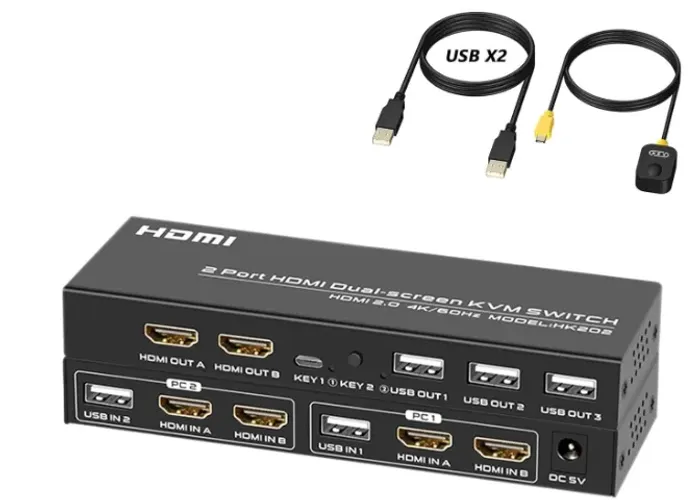 Interruptor KVM Monitor Duplo 4K_60Hz Comutador HDMI USB_2 computadores 2 monitores
