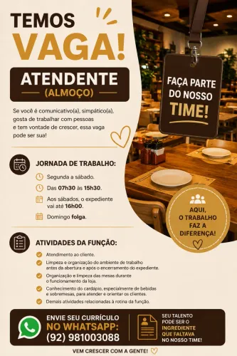 VAGA DE ATENDENTE DE RESTAURANTE