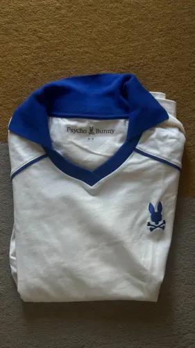Camiseta psycho bunny toby jersey creme gola azul