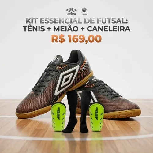Tênis de futsal Umbro + meião + caneleira