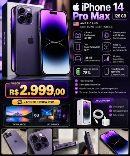 iPhone 14 Pro Max 128GB Roxo Americano - R$ 2.999 | Aceito Troca Por TV ou PC Gamer