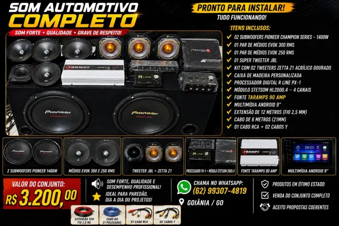 Som Automotivo Completo Pioneer + Stetsom + Taramps + Multimídia Android - R$ 3.200