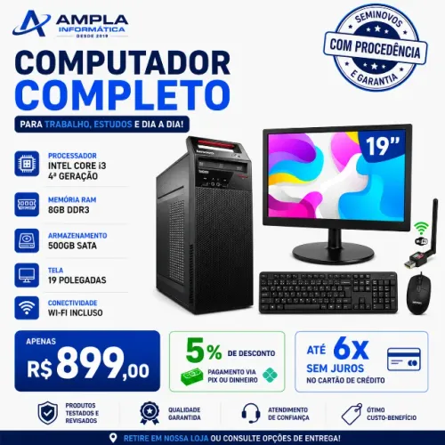 Computador Completo Lenovo Core i3 de 4a Geração 8gb ram 500gb Sata Wifi Tela 19" Wide