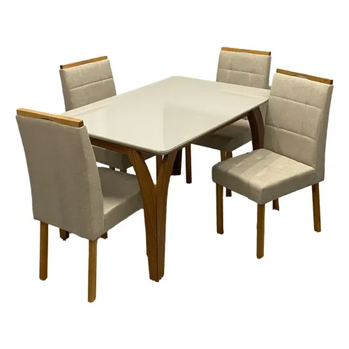 Mesa de Jantar Fortaleza C/Vidro e 4 Cadeiras em Linho MDF p17 S 