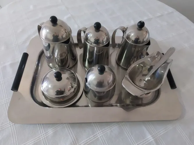 Jogo de Café e Chá em Aço Inox Completo com Bandeja- estilo vintage