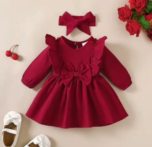 Vestido Infantil Vermelho Manga Longa com Laço + Faixa de Cabelo Tam 12a18 meses