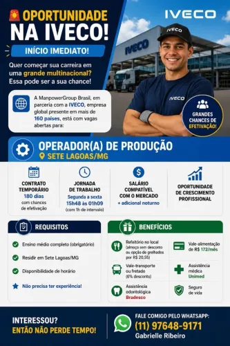 OPERADOR (A) DE PRODUÇÃO | IVECO | 7 LAGOAS/MG