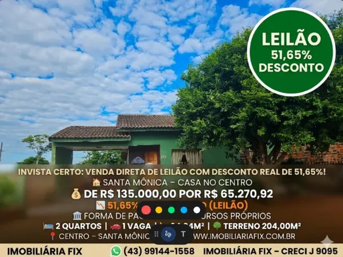 Invista certo: Venda Direta de LEILÃO com desconto real de 51,65%! ? SANTA MÔNICA - Casa