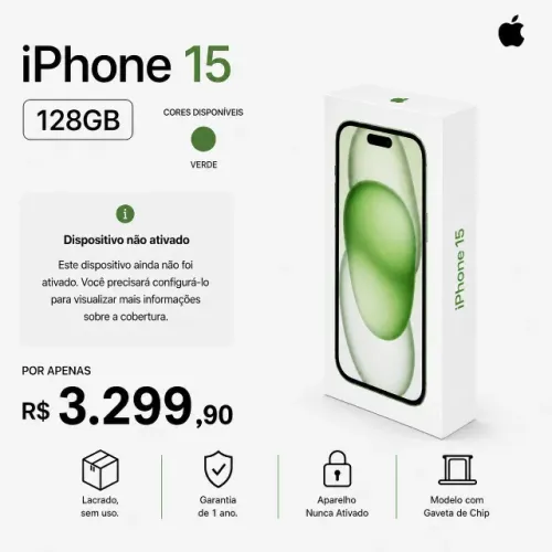 Apple iPhone 15 128GB 5G Verde Novo Nunca Ativado Última Unidade Open Box