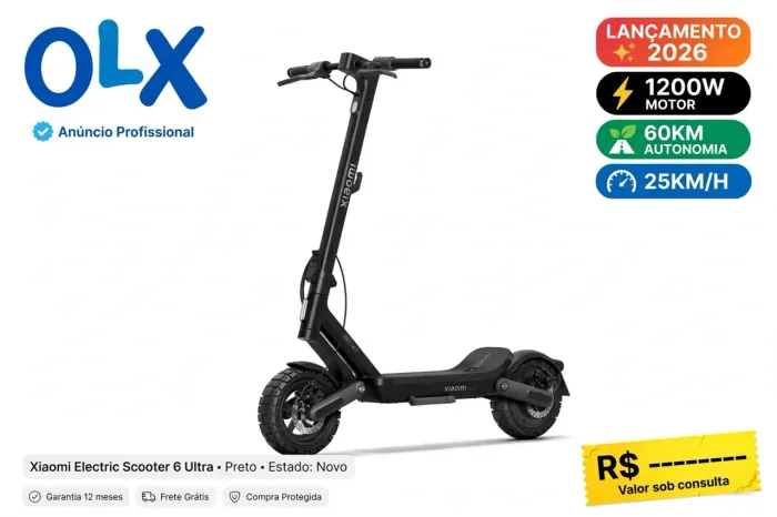 Patinete Xiaomi Electric Scooter 6 Ultra 1200W - Lançamento 2026 - 60km - Lacrado