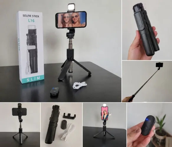 ? Bastão Selfie Tripé com Luz LED + Controle Bluetooth para Celular