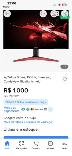 monitor acer 180hz 24 polegadas