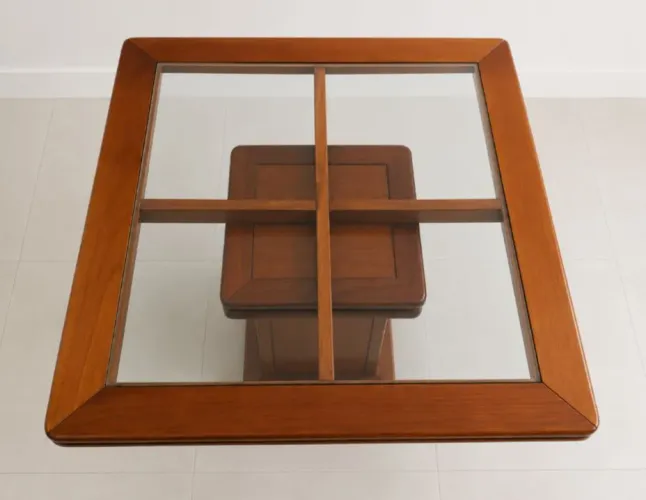 Mesa madeira mogno tampo vidro 